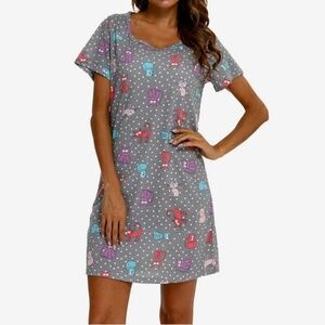 ENJOYNIGHT Grey Cat Print - Cotton Blend Short Sleeve Sleepshirt - Large - Soft!